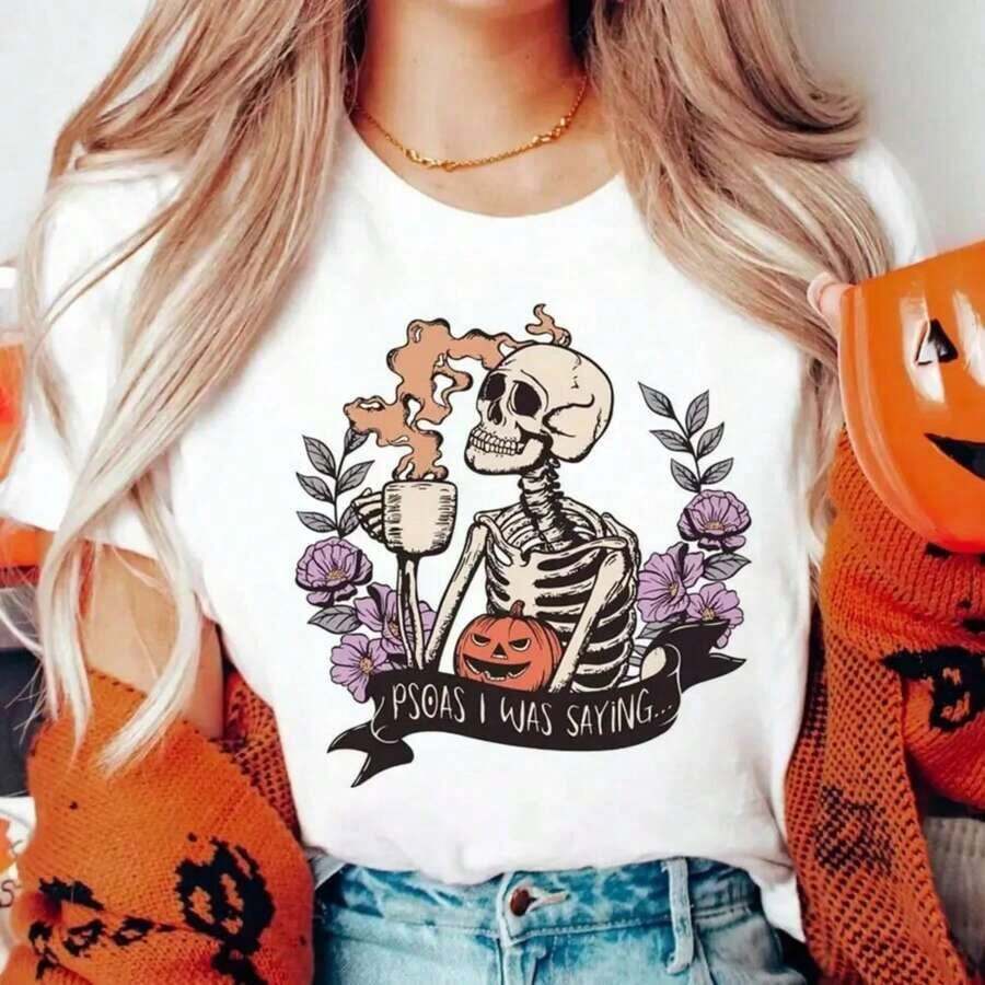 Moda 2026 Para Mujer Camiseta de Algodón Casual de Calidad, Camiseta de Manga Corta con Estampado Retro de Calaveras, Disfraz de Halloween, Top de Verano con Cuello Redondo, Camiseta Básica Casual Nueva para Mujer. Camiseta Básica Unisex - Blanco - Ver 1