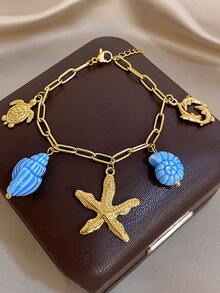 Charm Blue Shell & Starfish Pendant Necklace, Stainless Steel Gold Chain, Suitable For Party, Travel, Holiday, Mother's Day, Valentine's Day, Christmas Gift - Multicolor - View 4
