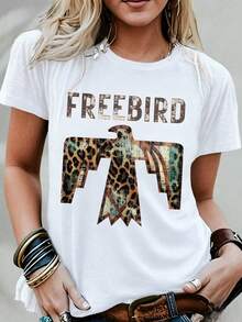Bird, Leopard And Eagle Print T-Shirt - Bohemian Style Clothing For Music Lovers | Retro And Fashionable Combined Fabric T-Shirt, Breathable And Comfortable. - 白色 - View 1