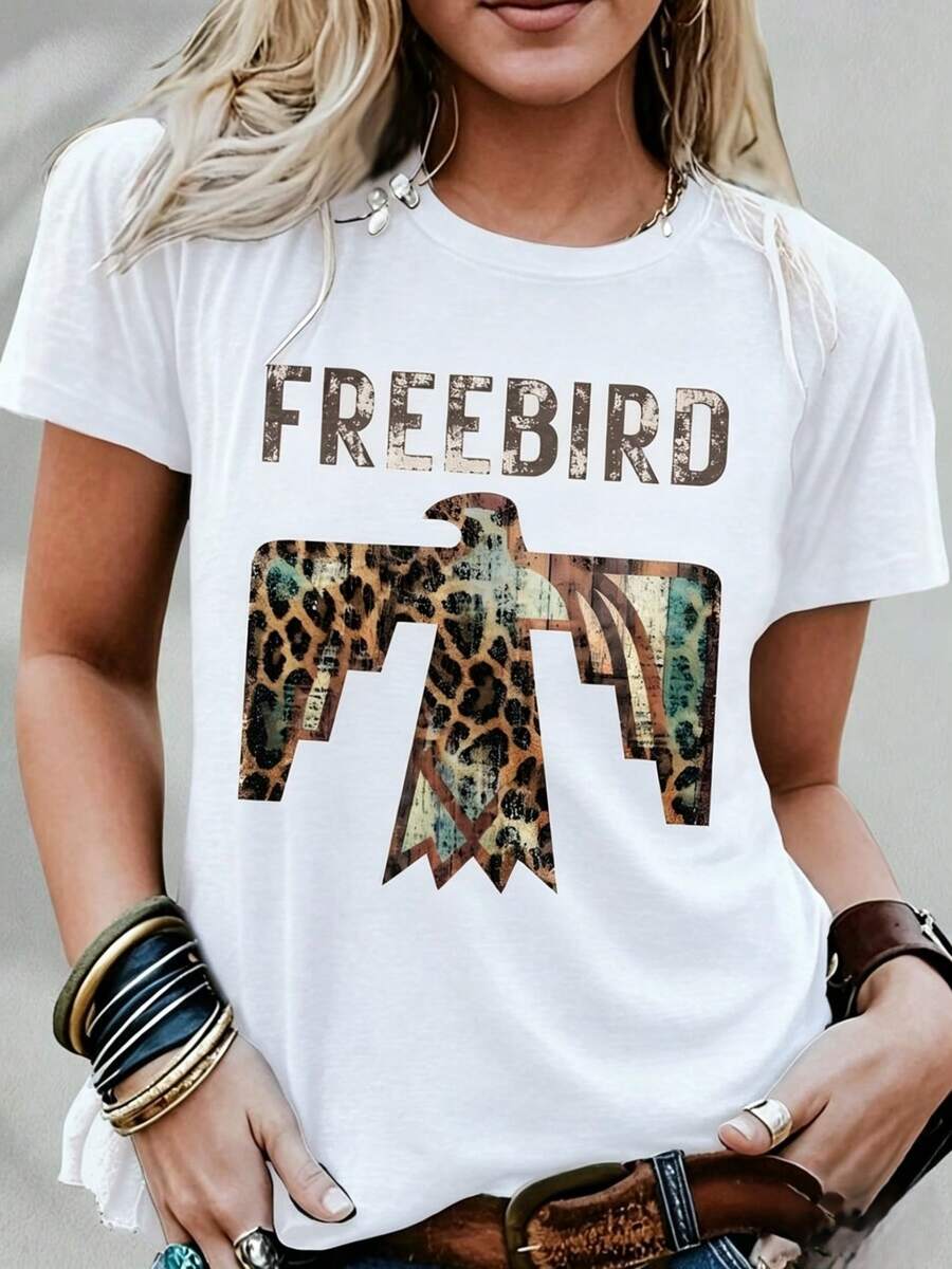 Bird, Leopard And Eagle Print T-Shirt - Bohemian Style Clothing For Music Lovers | Retro And Fashionable Combined Fabric T-Shirt, Breathable And Comfortable. - 白色 - View 1
