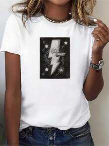 Women's Lightweight 180g Graphic Design T-Shirt - Perfect Casual Wear For The Office, Ideal Gift For Christmas And Family Gatherings, Lightning Bolt Design, 2023 Summer Fashion Style - 白色 - 查看 6