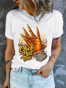 Clock Tea Women's Casual Sports T-Shirt, Soft And Elastic Short Sleeves, Casual Outfit For Spring, Summer And Autumn, Breathable Fabric, Women's T-Shirt, Gift For Loved Ones, Fashionable Short Sleeves For Easter. - 白色 - 查看 7