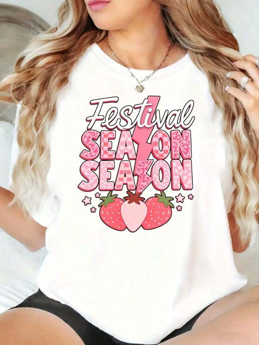 Wo's Heavyweight Fashion Casual T-Shirt, Strawberry Graphic Design For Festival Season, Wo Fashion Summer Top, Casual Wear, Pink Plaid Design, Cute Outfit For Music Festivals, Fun Wo's Short Sleeve Crew Neck Printed T-Shirt, Suitable For: Sporting Events/Holiday Parties/Outings/Sports And Other Festive Gifts. Best Seller. - 白色 - 查看 1