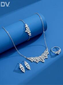 DV JEWELRY 5件套奢华锆石镀白金项链、手链、耳环、开口戒指首饰套装，优雅珠宝礼品，适合女性、派对、周年纪念日佩戴 - 銀色 - 查看 1