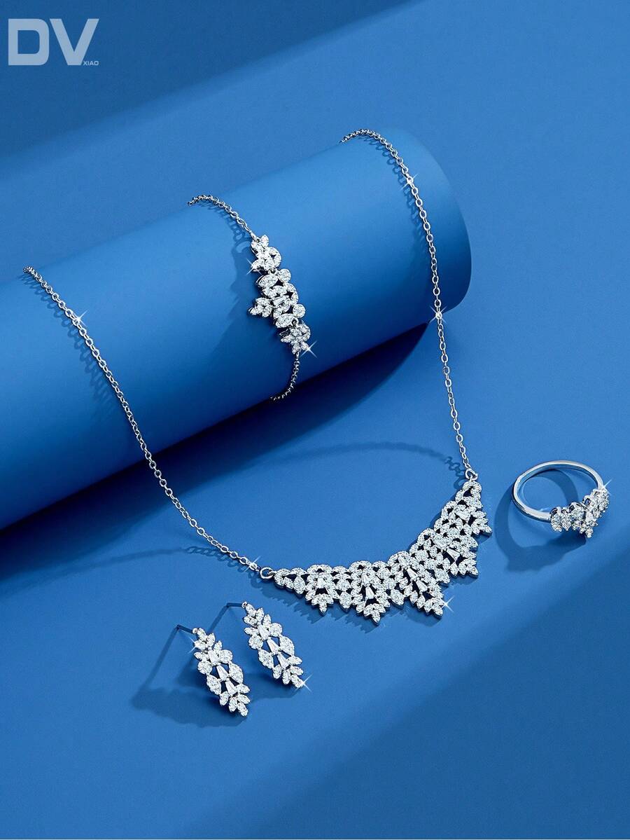 DV JEWELRY 5件套奢华锆石镀白金项链、手链、耳环、开口戒指首饰套装,优雅珠宝礼品,适合女性、派对、周年纪念日佩戴 - 銀色 - 查看 1