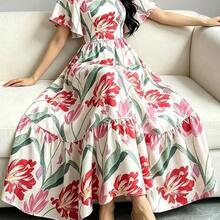 Vestido midi de manga corta con cuello cuadrado y estampado floral, vestido de longitud media con cintura ceñida, vestido largo con estampado floral en negro - Multicolor - Ver 10