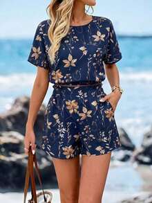Camisa de mujer con hombros caídos, cintura ceñida y dobladillo, y shorts de mujer decorados con bolsillo, estampado floral, conjunto elegante casual de vacaciones - Azul marino - Ver 7