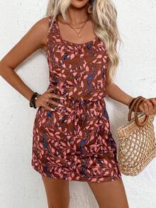 Vestido de verano casual con estampado de hojas, cuello redondo, sin mangas, con cordón en la cintura, para vacaciones y playa para mujer - Café integral - Ver 4