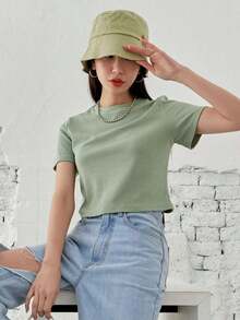 Camiseta de punto acanalado sólido, estilo "Old Money", Crop Tops, Ropa casual de negocios para mujer - verde menta - Ver 7