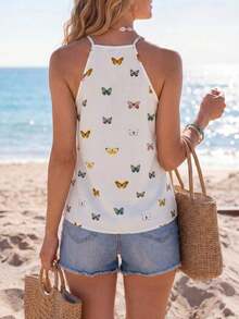 Top de tirantes con cuello halter y estampado de mariposa tejido para mujer, vacaciones - Beis - Ver 2