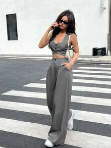 Set de 2 piezas para mujer, top corto de un solo pecho liso y pantalones - Gris 2 - Ver 1