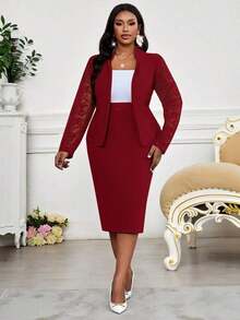 Lady Traje elegante de blazer y vestido de manga larga con cuello de solapa y encaje en contraste para mujer de talla grande - Burdeos - Ver 5