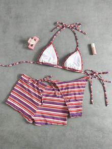 Swim Vcay Conjunto de 3 piezas de bikini de mujer con top halter y short tipo boyshort, en estilo casual y elegante para resort, con tela de rayas multicolor texturizada, decoración de cuentas y color rosa claro - Multicolor 6 - Ver 5