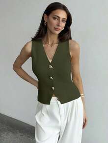elegante de mujer de unicolor con cuello en V sin mangas, decorado con botones metálicos, para verano, vacaciones en la playa, estilo boho tropical, tops de verano minimalistas, casuales de oficina, de salida elegante, para la escuela en ot - Verde militar - Ver 3