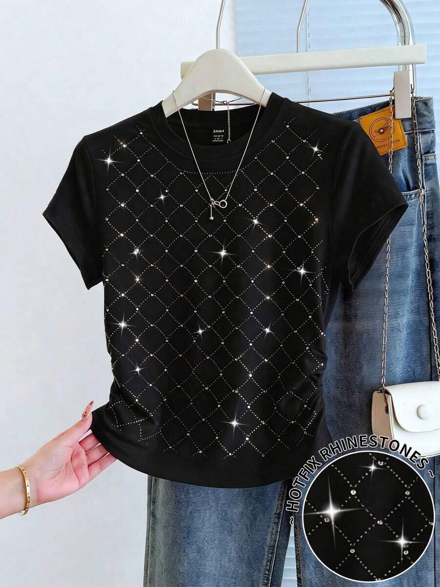 Camiseta casual de cuello redondo de manga corta con estampado de cuadros y detalles de strass para hombre - Blanco 2 - Ver 1