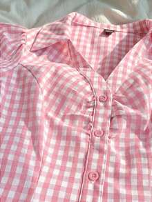 Camisa casual de mujer de manga abullonada corta, de solapa única y a cuadros - Rosa - Ver 6