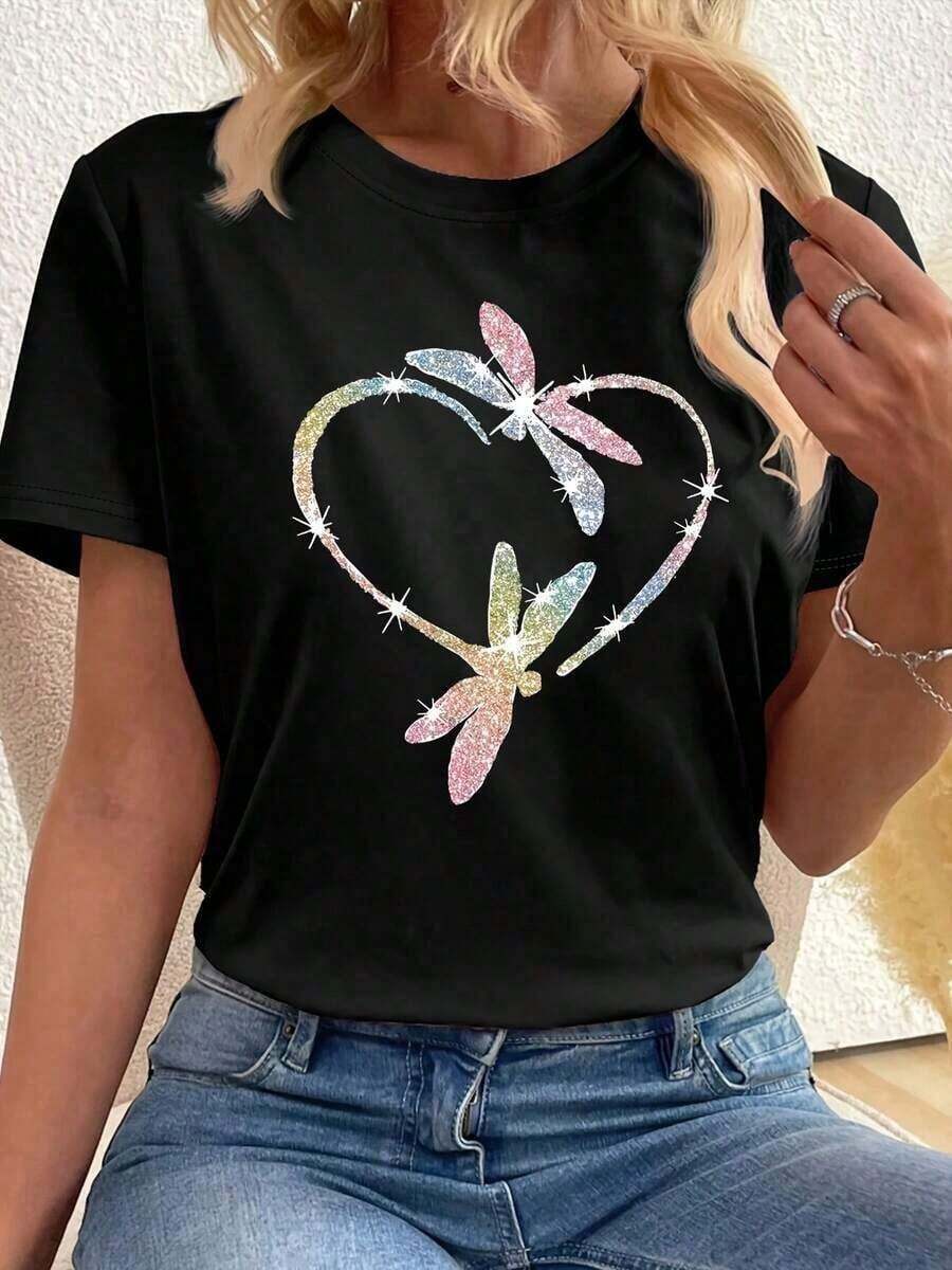 This Casual T-Shirt Features A Simple Print, A Round Neck, And Short Sleeves. The Classic, Basic Design Is Universally Flattering, And The Loose, Relaxed Fit Feels Comfortable And Breathable. The Fine, Soft Texture Is Soft Against The Skin And Breathable, So It Won't Pill Or Lose Its Shape Over Time. The Subtle, Elegant Print Design Is A Must-Have For Summer. This Versatile Piece Pairs Perfectly With All Kinds Of Bottoms-You Can't Go Wrong. - 黑色 - 查看 1