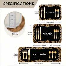 Luxury Golden Cutlery Pattern Kitchen Rug - Black Non-Slip Washable Floor Mat With Gold Floral Border, Decorative Long Runner Rug For Kitchen Countertop, Entryway, Dining Room, Perfect For Home D - Multicolor - View 3