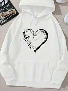 Moletom Canguru Estampado Borboleta Coração Casaco De Frio Quentinho Flanelado Com Capuz Blusa de frio Agasalho Unissex - Branco - Visão 3