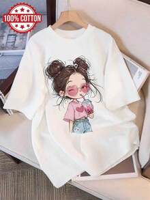 Graphic Print T-Shirt, Short Sleeve And Round Neck, Casual Top For Summer And Spring, Women's Clothing - [White] - View 6
