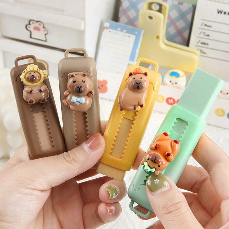 4pcs Capybara Cartoon Sliding Eraser, Cute Animal Shape Retractable Eraser With Protective Cover, Portable School Supplies For Study, Office, Drawing & Writing Correction