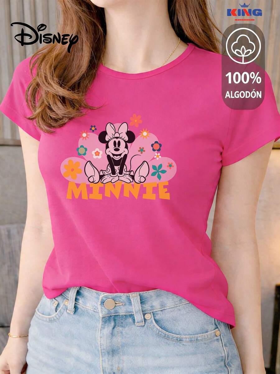 Women's T-Shirt Made Of 100% High-Quality Cotton, This T-Shirt Guarantees Exceptional Softness To The Touch, Round Neck With "Disney Minnie Floral" Print And Short Sleeves - 玫紅色 - 查看 1