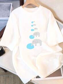 Women's Pure Cotton Short Sleeve T-Shirt, Personalized, Casual Elephant Print - Loose Fit Crew Neck Casual Top, Machine Washable, Cartoon Design, Comfortable For All Seasons, Simple Style - Unisex Cotton Short Sleeve Crew Neck T-Shirt, Urban Vintage Style. - 白色 - 查看 7