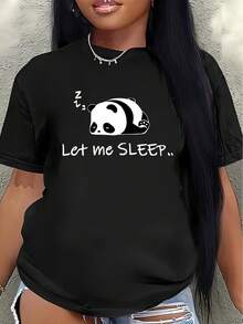 Camiseta de poliéster de manga corta, estampada con un lindo diseño de panda durmiendo y la frase "Déjame dormir", es ligera y duradera, adecuada para entornos casuales como el hogar, la oficina o el restaurante, y cómoda para el uso diario. blusas para mujer>ropa - Negro - Ver 7