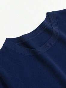 Camiseta de punto de manga corta de unicolor y peso ligero para mujer, top minimalista de verano - Azul marino - Ver 4