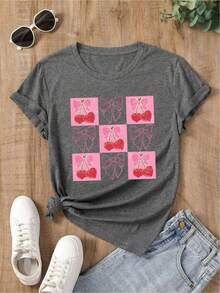 Camiseta Casual de Verano para Mujer YOCASA, con Cuello Redondo, Ajustada y de Manga Corta, con Estampado de Pintura al Óleo, Motivos Florales, de Corazones, de Cerezas y de Letras.Tela sencilla y casual, estilo deportivo, ideal para uso diario y una cita de San Valentín. - GRIS-YH137 - Ver 2