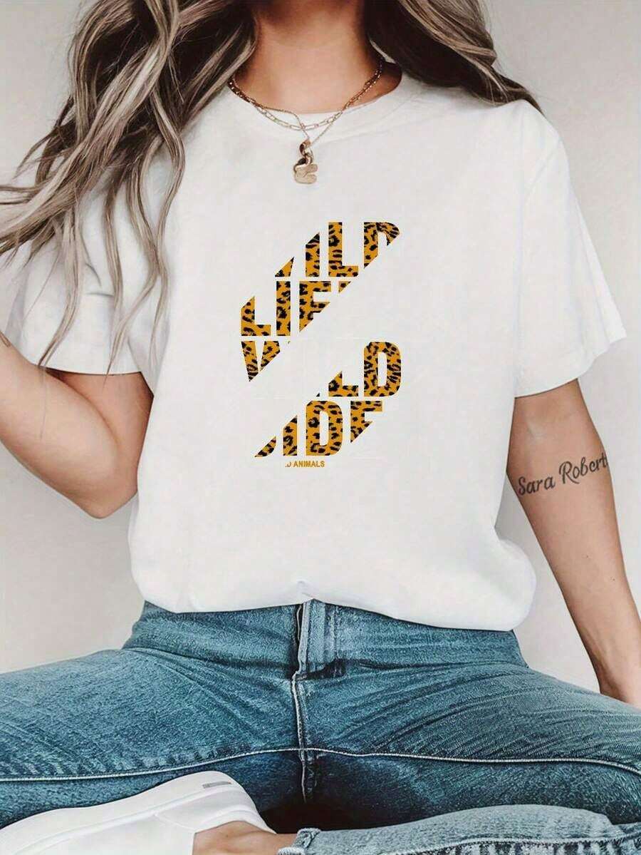 White T-Shirt With Orange And Black Print, Round Neck, Short Sleeve, Casual Style For Spring/Summer For Women > Women's Blouses > Clothing - 白色 - 查看 1