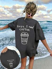 Women's T-Shirt With Graphic Print "First. I Need Coffee." Round Neck And Short Sleeves, Relaxed And Casual Fit, Versatile, Suitable For Everyday Wear And Summer Holidays - 深灰色 - 查看 7