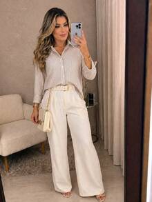 Women's Long-Sleeved Striped Shirt With Buttons, Loose Fit, In Premium Crepe Fabric, No Pockets, , Casual, Elegant - 米色 - 查看 3