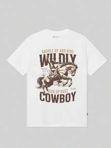 T-shirt homme 100 % coton << En selle et chevauche sauvagement, cowboy », imprimé vintage western avec un cavalier à cheval cabré, manches courtes, style décontracté - Blanc - Voir 1