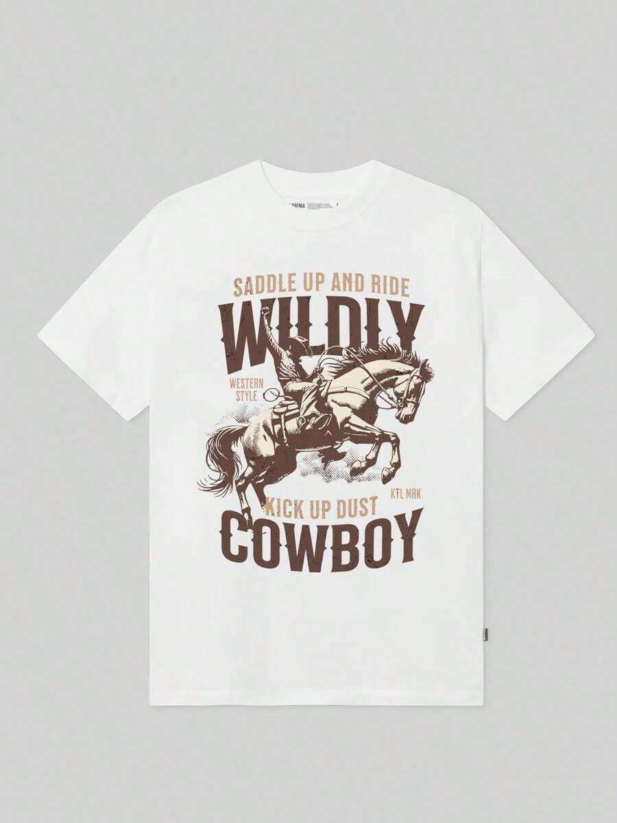 T-shirt homme 100 % coton << En selle et chevauche sauvagement, cowboy », imprimé vintage western avec un cavalier à cheval cabré, manches courtes, style décontracté - Blanc - Voir 1