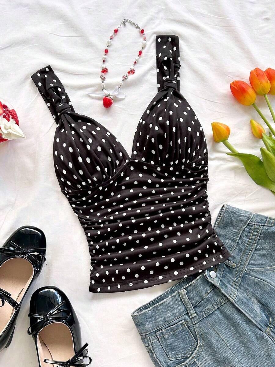 Camiseta de mujer elegante para vacaciones de tela de punto con estampado de lunares, tirantes retorcidos y fruncido, ajuste ceñido, adecuada para vacaciones, citas, té de la tarde, playa, crucero, viaje a la ciudad, vacaciones en la isla, festival de música, vacaciones bohemias, se puede usar por dentro o por fuera.Blusa linda con lunares, top sexy de verano, top de lunares - Multicolor 8 - Ver 1