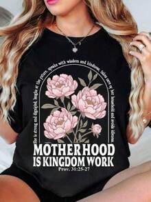 Women's Short Sleeve T-Shirt With Round Neck And Print "Motherhood Is The Kingdom's Job" S-3XL Fashionable, Comfortable And Breathable, Machine Washable - 黑色 - 查看 1