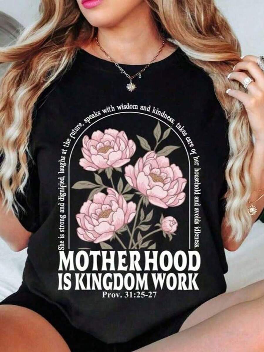 Women's Short Sleeve T-Shirt With Round Neck And Print "Motherhood Is The Kingdom's Job" S-3XL Fashionable, Comfortable And Breathable, Machine Washable - 黑色 - 查看 1