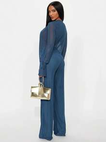 Women's Fashion Casual Two-Piece Set, Suits, Deep V Mesh Top & Wide Leg Pants,  Long Sleeve Tie Design, Perfect For Daily Wear ZWSE - màu nâu - Xem 6