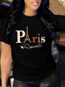 2026Camiseta de Mujer con Gráfico Romántico de la Torre Eiffel de París - Estampado de Letras Negras y Doradas, Manga Corta, Cuello Redondo, Top Casual, Transpirable, Lavable a Máquina, Camiseta para Todas las Estaciones para Ropa Casual, Moda de Viaje, D - Negro - Ver 1