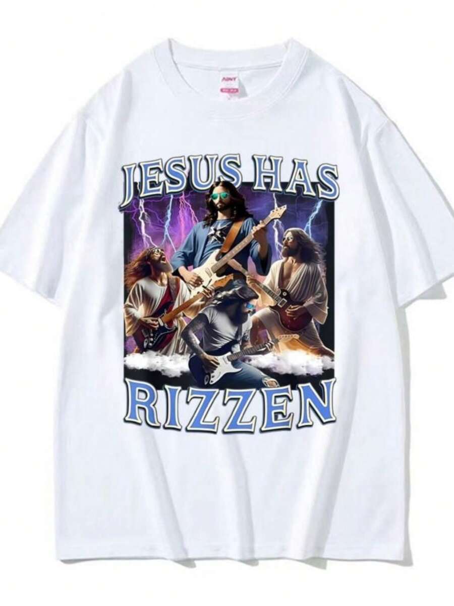 Women's Blouses Funny Jesus Has Rizzen Rock Star Tee Shirt Men's Clothing Fashion Gothic Cool T Shirt Unisex High Quality Cotton Casual T-Shirts - 白色 - 查看 1