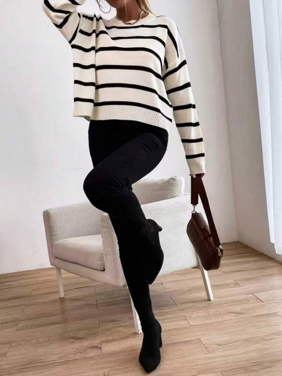 2026 European & American Style Women's Plus Size Striped Fashion Versatile Knit Pullover Sweater, Regular Length Long Sleeve Round Neck Top, Suitable For Autumn/Winter Casual Wear, Slouchy Loose Fit Pullover Sweater - Multicolor - View 1