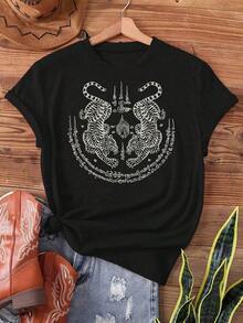 1 pieza de camiseta estampada con diseño de sashimi de rayas de tigre - Tatuajes tailandeses de Sak Yant con dos tigres, magia de Muay Thai, un regalo tailandés, camiseta de manga corta con cuello redondo, informal, para verano y primavera, ropa de mujer, 180g, 100% algodón. - Negro - Ver 6
