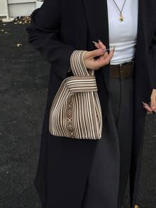 lulu kewen 女士钩针包、女士手提包、迷你钩针女士手提包、休闲女士手提包、图案女士手提包、钩针女士包、条纹图案托特包、日式购物袋、简约百搭女士手提包 - 駝色 - 查看 2