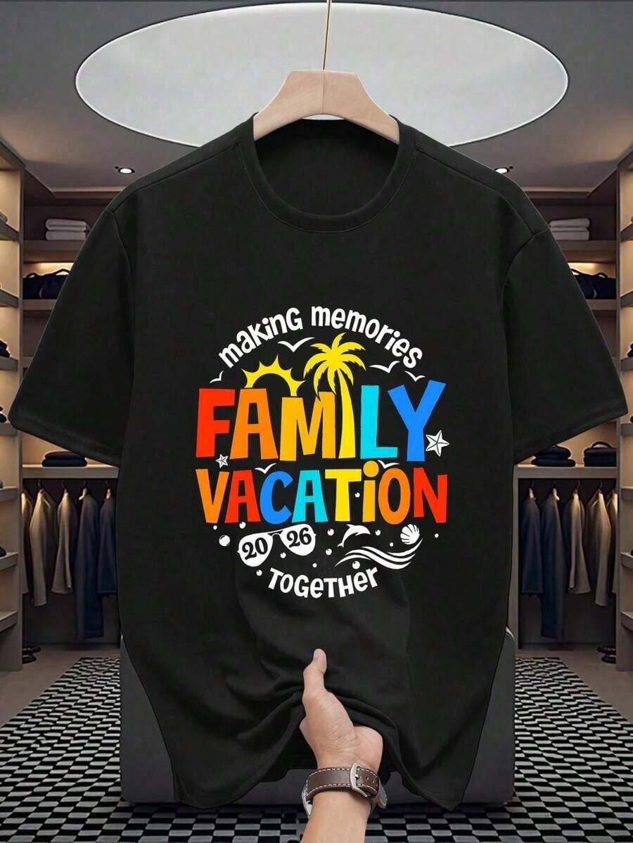 Camiseta de algodón con cuello redondo y estampado para hombre, opciones en blanco, Creando Recuerdos Vacaciones Familiares Juntos 2026, Camisetas Oversize de Uso Casual, Tops de Manga Corta Holgados para Primavera, Camisetas Básicas de Moda de Verano, Ropa de Regalo para Hombre, playeras de mujer - Negro - Ver 1