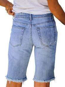 Plus Size Casual Ripped Bermuda Denim Shorts Medium Stretch For Women - 淺藍色 - 查看 5
