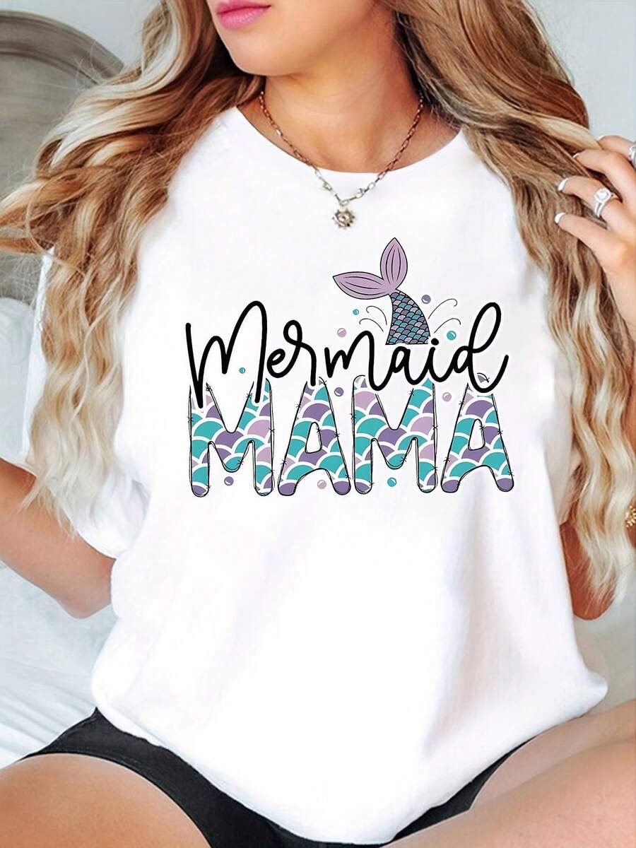 Women's One-Piece T-Shirt With Mermaid Design And Ocean Theme - 180g, Soft, Casual, Short Sleeve, Round Neck, With Black And White "Mermaid Mom" Print And Fantastic Mermaid Tail Design, Geometric Scale Pattern, Machine Washable, Perfect Gift For Mother's Day, Comfortable For Everyday Summer Wear, Opaque Fabric, Comfortable Fit. - 白色 - 查看 1