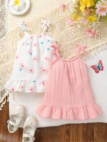 2件套女婴休闲时尚连衣裙，柔软舒适，蝴蝶结装饰条纹公主风印花连衣裙，女婴服装，幼儿连衣裙，女童套装，适合日常穿着、派对、度假、拍照、户外活动 - 彩色 - 查看 2