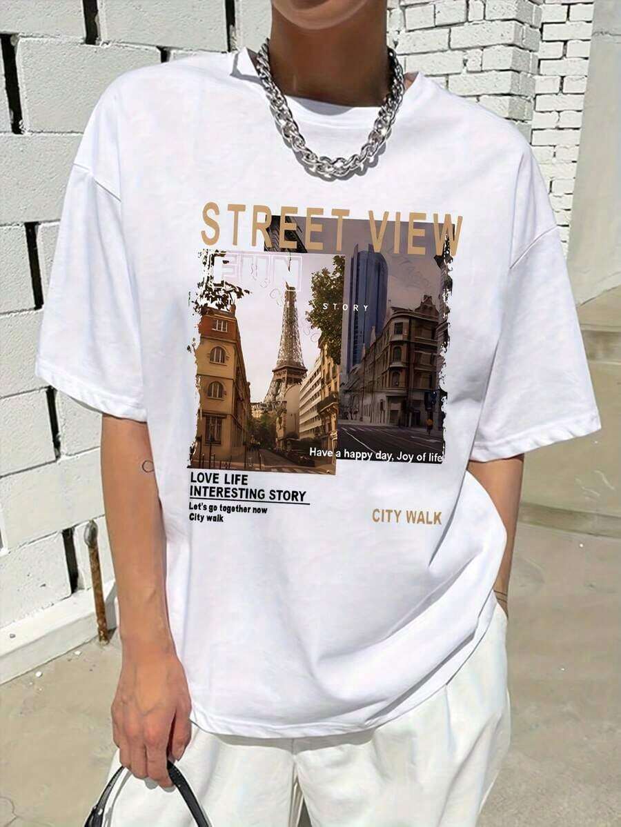 Camiseta con Estampado Gráfico de Manga Corta y Cuello Redondo, Top Casual para Primavera y Verano, Ropa de Mujer, Camiseta de Algodón, Regalo Ideal - Blanco - Ver 1