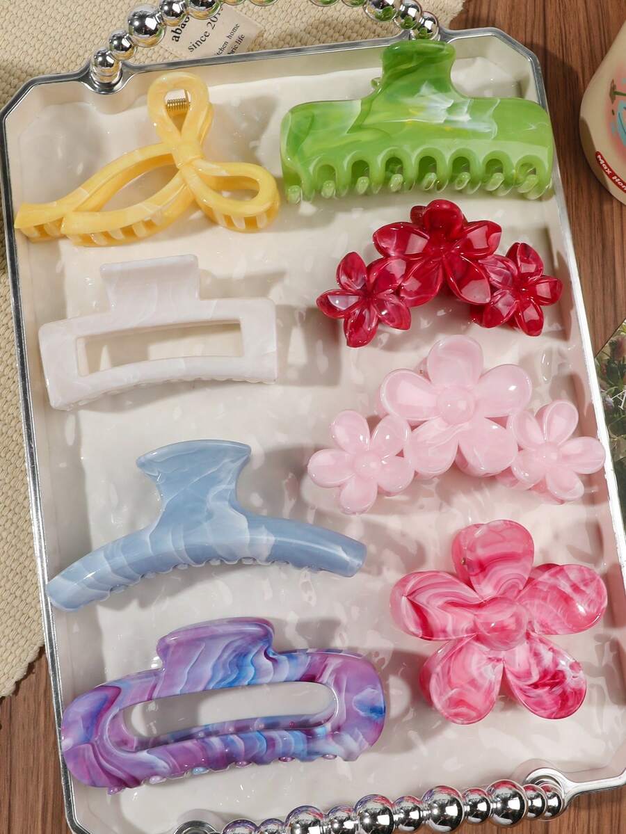 8pcs Rainbow Gradient Marble Pattern Floral Square Hair Clips, Bohemian Style Beach Vibe, Versatile Travel Vacation Hair Accessories For Ponytail, Bun, Bangs Vacay Beach Claw Clips